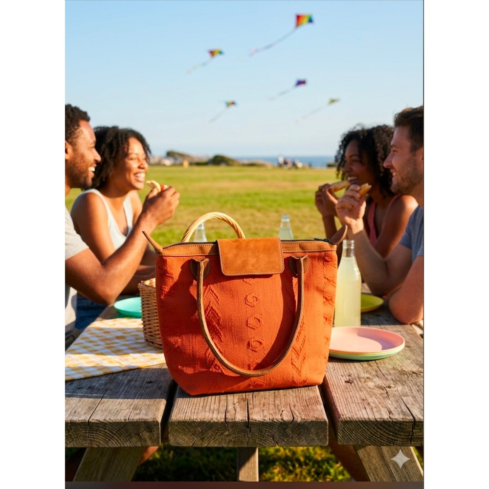 Fresco Fabrics Orange Woven Canvas Leather Trim Tote Bag Shoulder Bag Orange